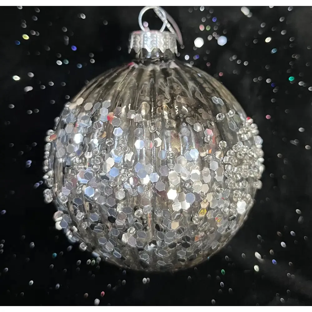 Jingles Graphite Grey Ribbed Glass Sequin Bauble 8cm