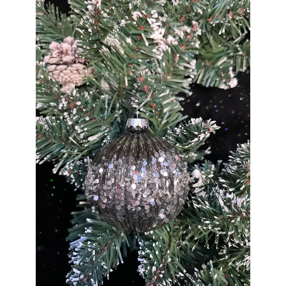 Jingles Graphite Grey Ribbed Glass Sequin Bauble 8cm