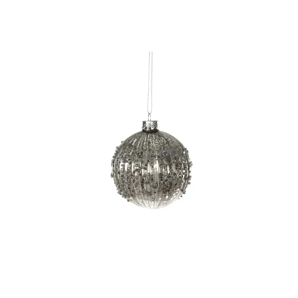 Jingles Graphite Grey Ribbed Glass Sequin Bauble 8cm