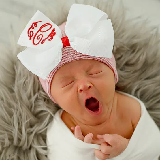 Jolly Red and Candy Striped Hospital Hat White Bow with Monogramed Initials