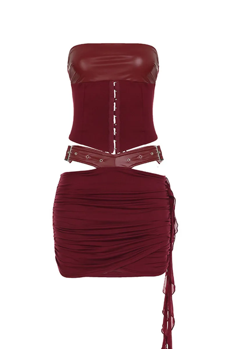 Leather Strapless Buckle Corset Ruched Mini Skirt Set