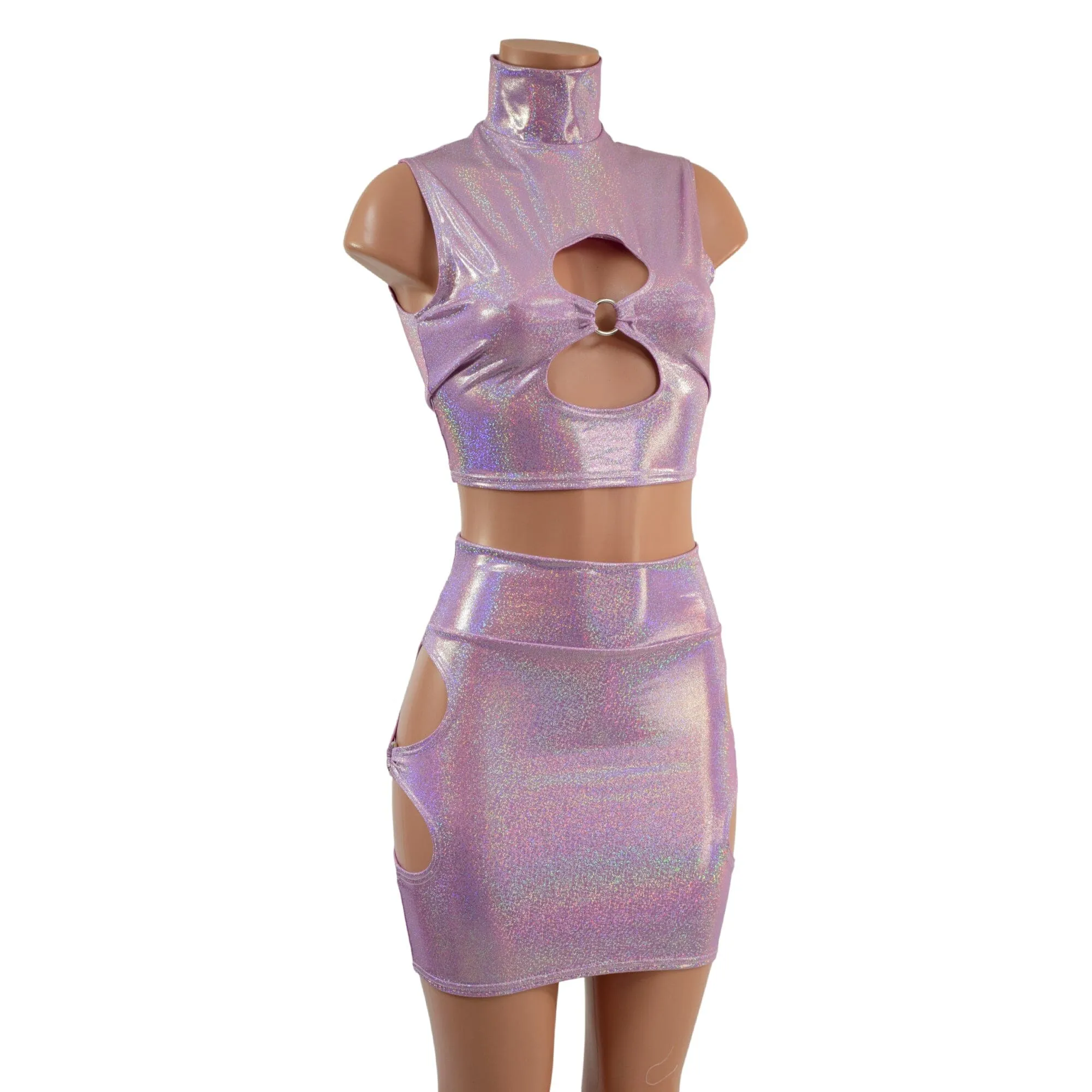 Lilac Holographic O-ring Cutouts Crop Top and Skirt Set