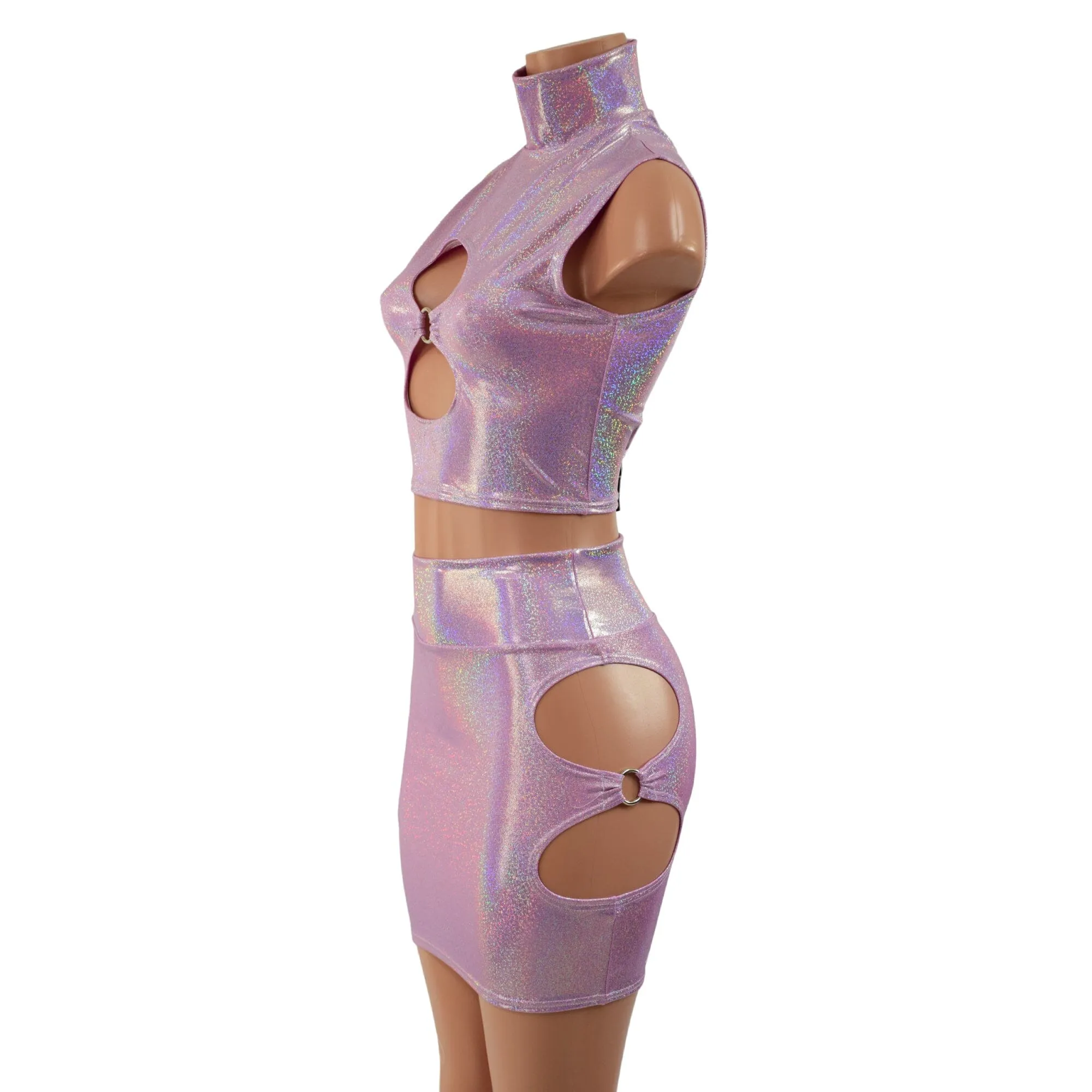 Lilac Holographic O-ring Cutouts Crop Top and Skirt Set