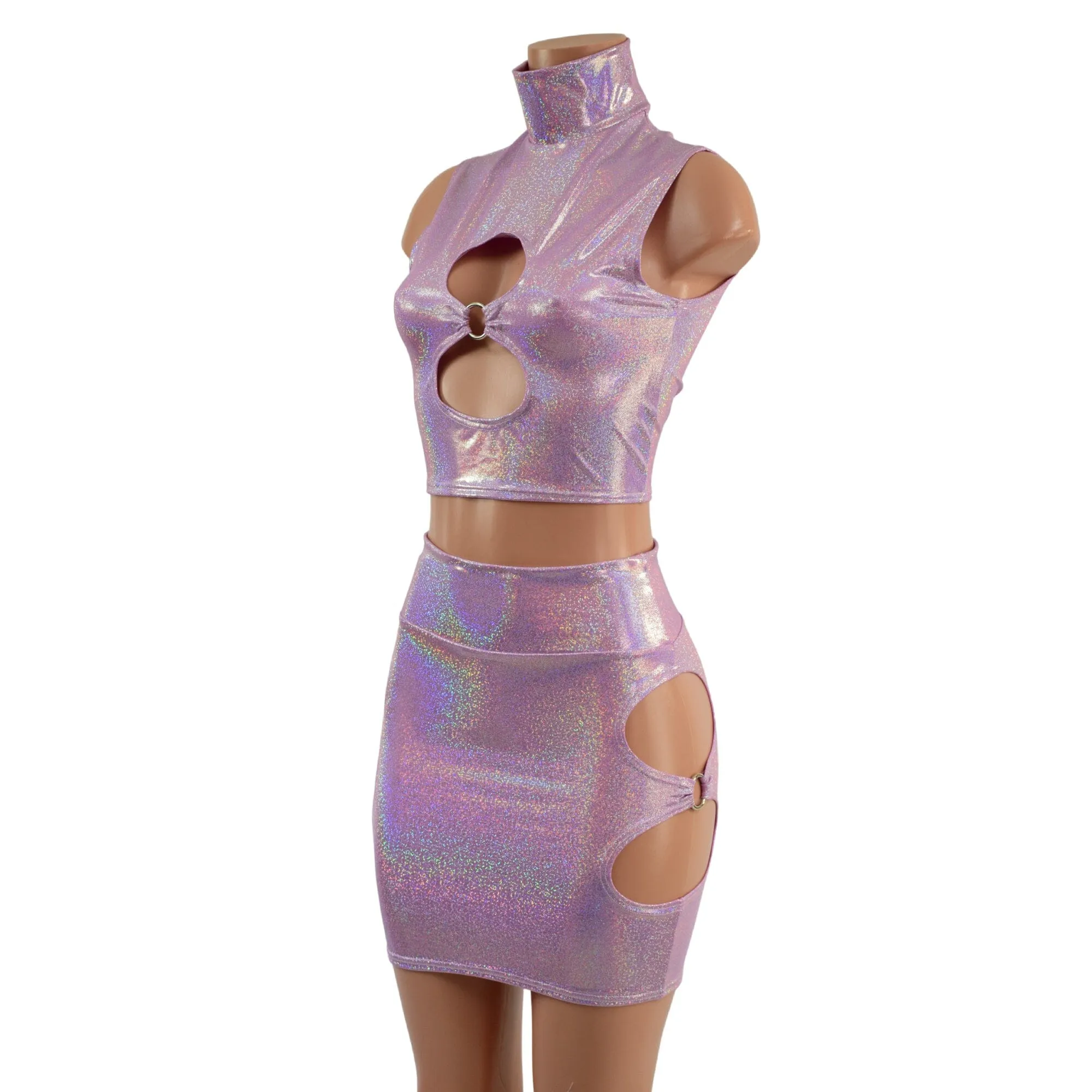 Lilac Holographic O-ring Cutouts Crop Top and Skirt Set