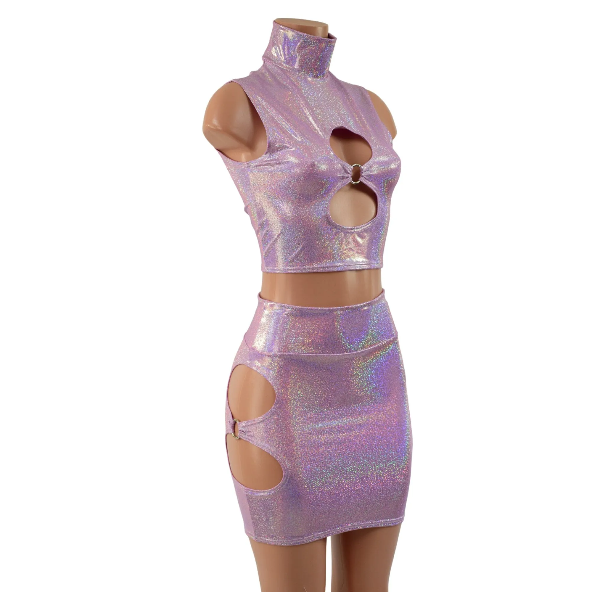 Lilac Holographic O-ring Cutouts Crop Top and Skirt Set