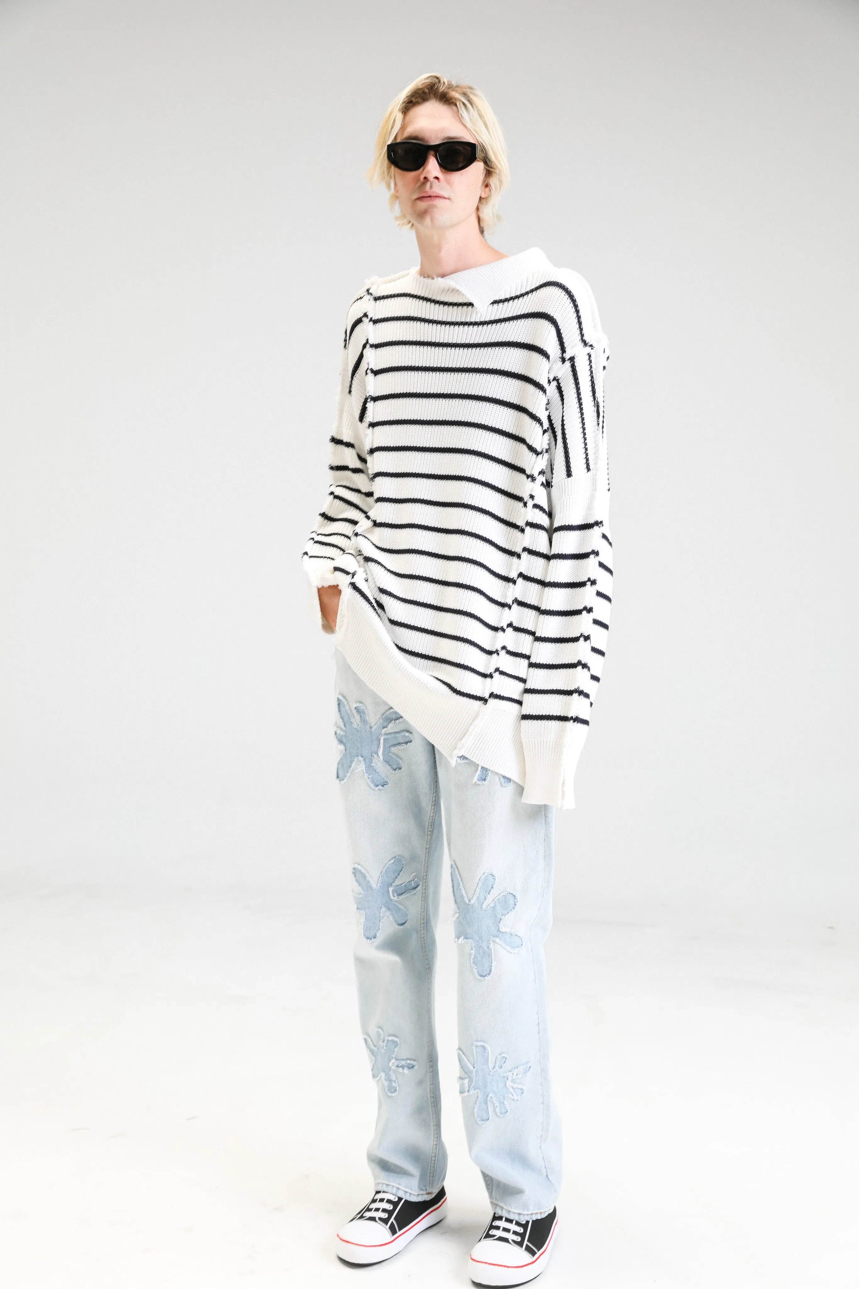 Lily White Cotton Disrupted Breton Long Turtleneck Sweater