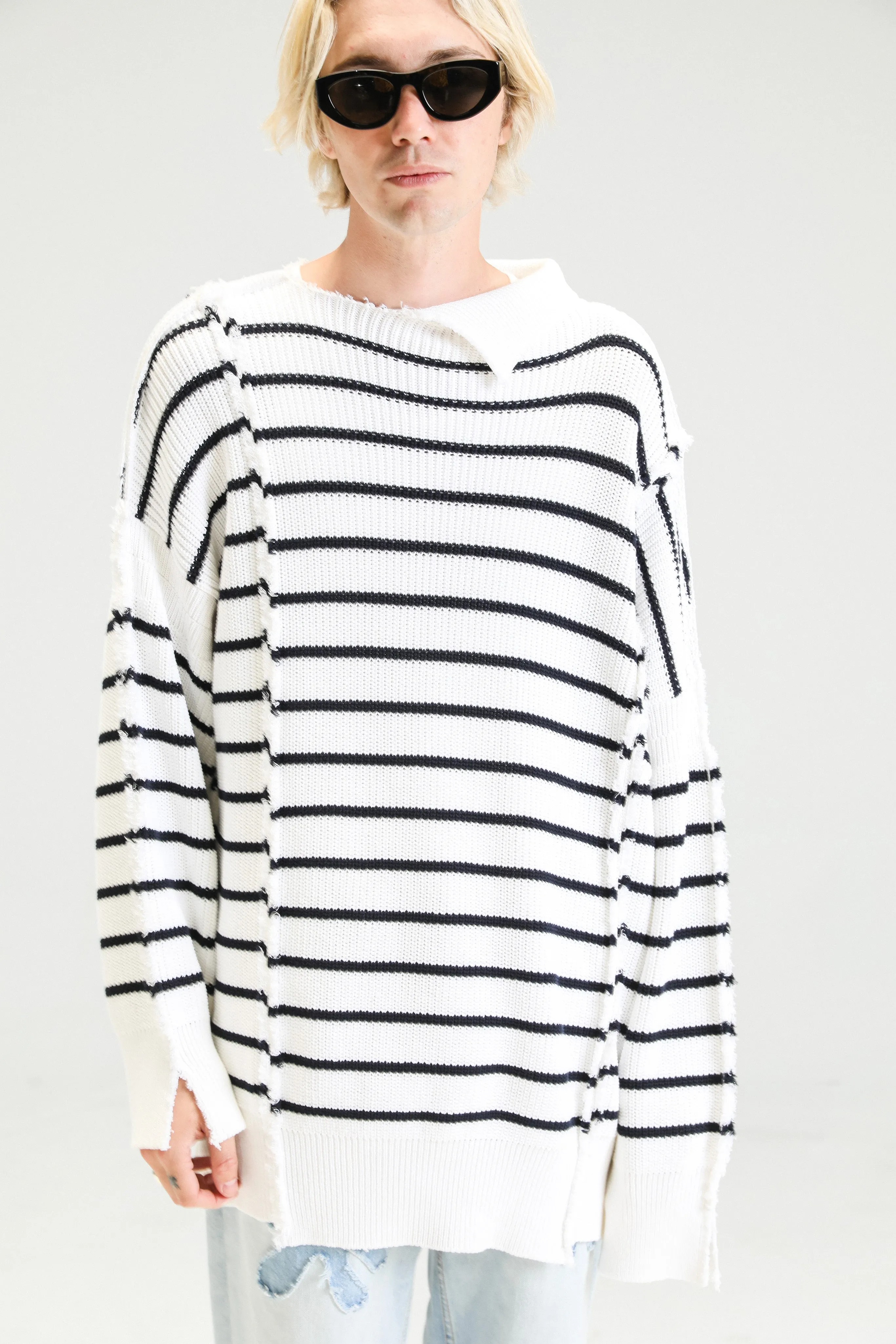 Lily White Cotton Disrupted Breton Long Turtleneck Sweater