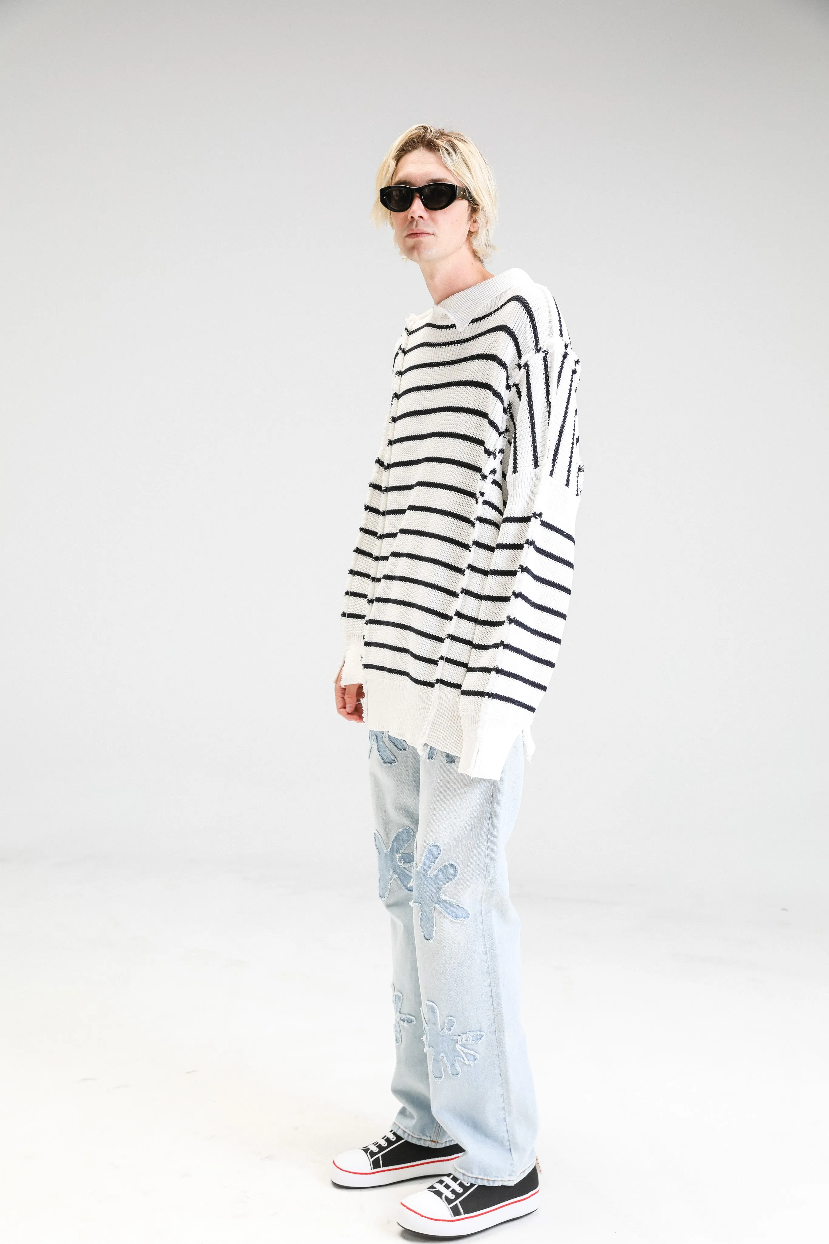 Lily White Cotton Disrupted Breton Long Turtleneck Sweater