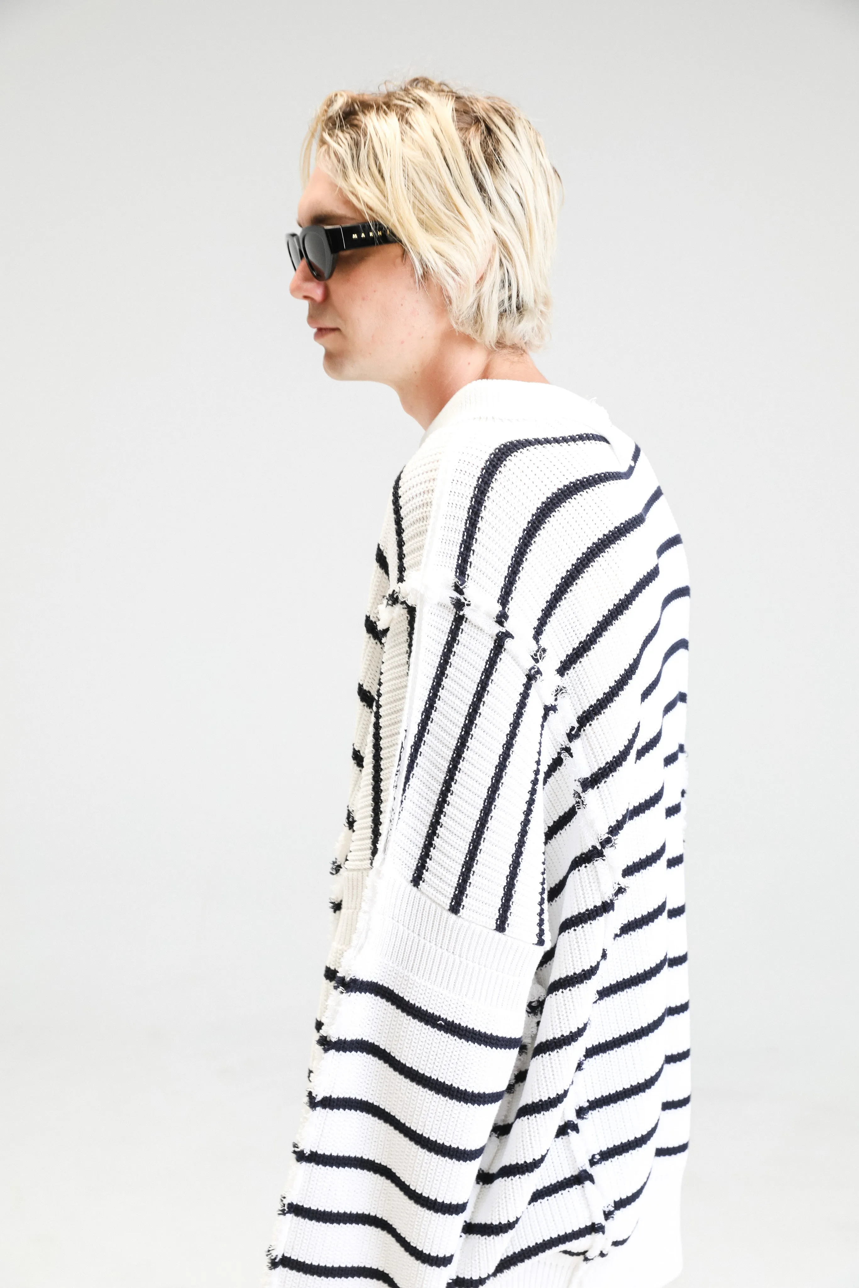 Lily White Cotton Disrupted Breton Long Turtleneck Sweater