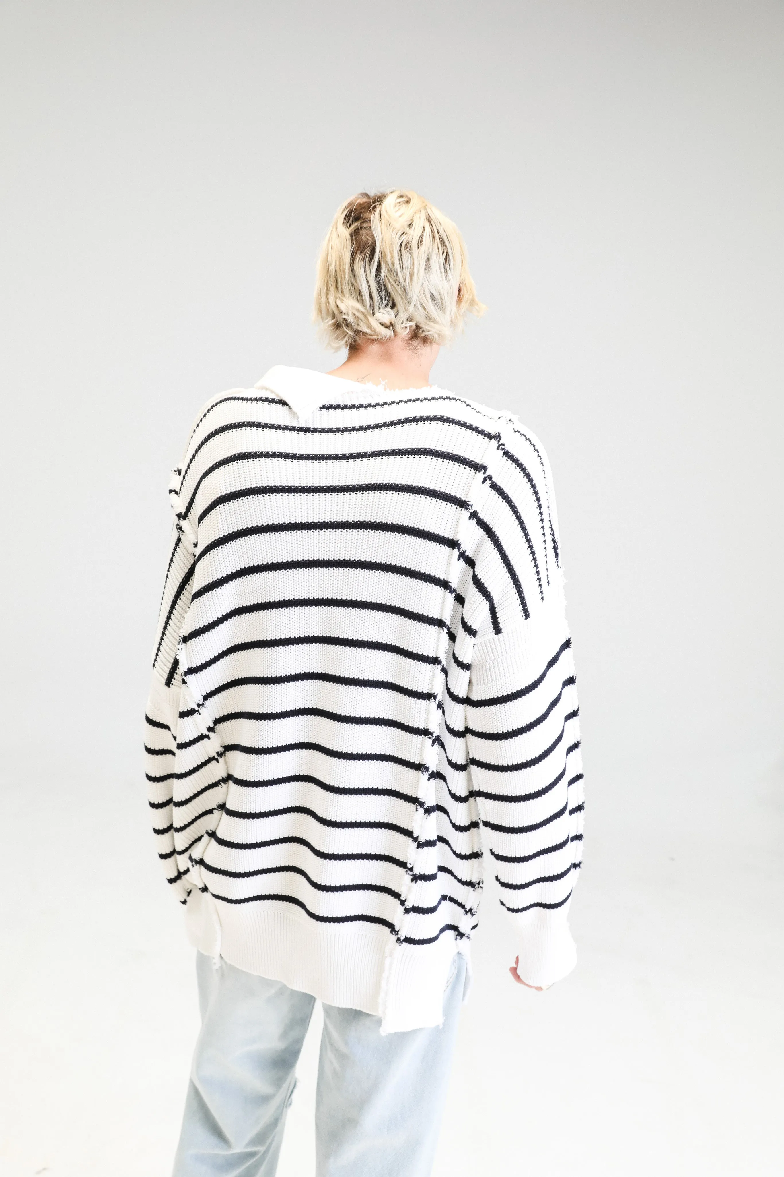 Lily White Cotton Disrupted Breton Long Turtleneck Sweater