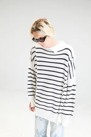 Lily White Cotton Disrupted Breton Long Turtleneck Sweater