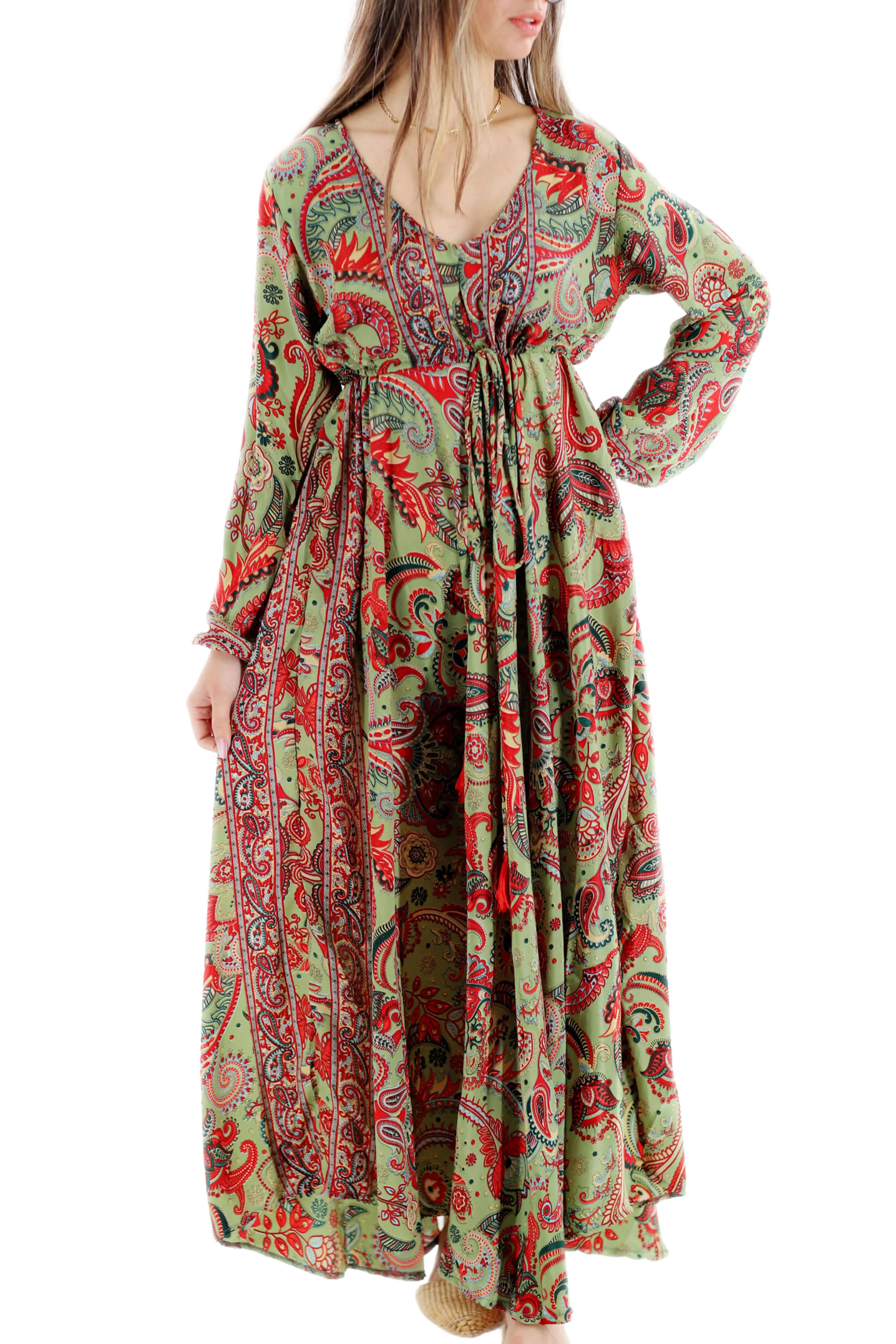 Long Flowy Floral 'Emilia' Maxi Dress - Green/Red (2024)