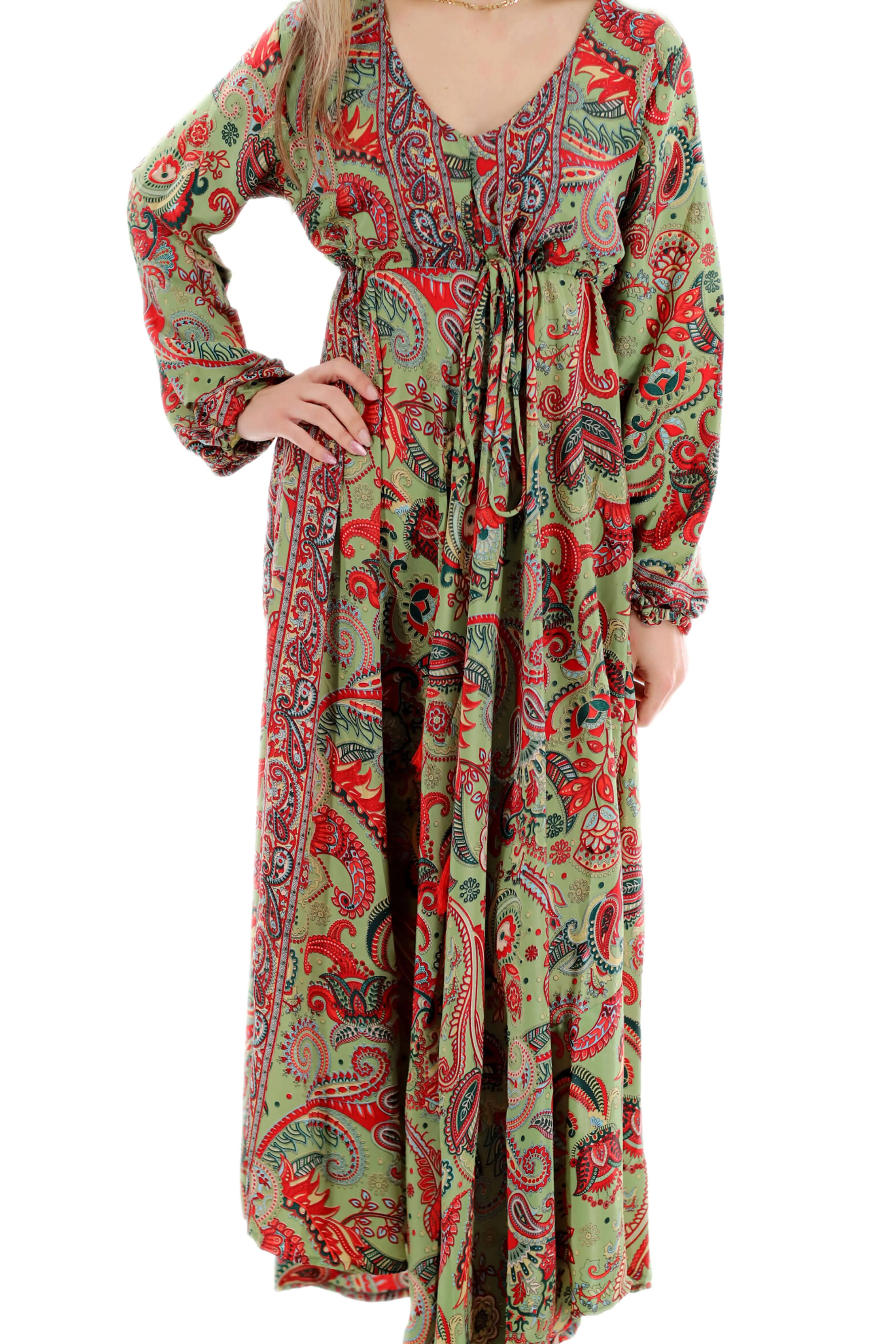 Long Flowy Floral 'Emilia' Maxi Dress - Green/Red (2024)