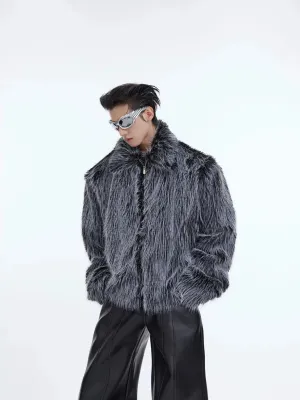 Luxurious Faux Fur Jacket with Deconstructed Collar | Avant-Garde Short Coat