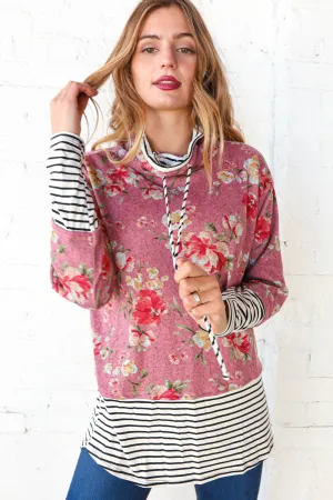 Mauve Floral Stripe Color Block Turtleneck (dropship)