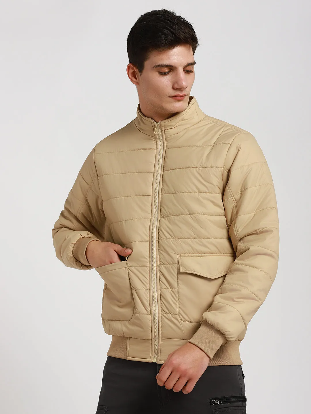 Men's High Neck Regular Fit Solid Quilted Beige Jackets