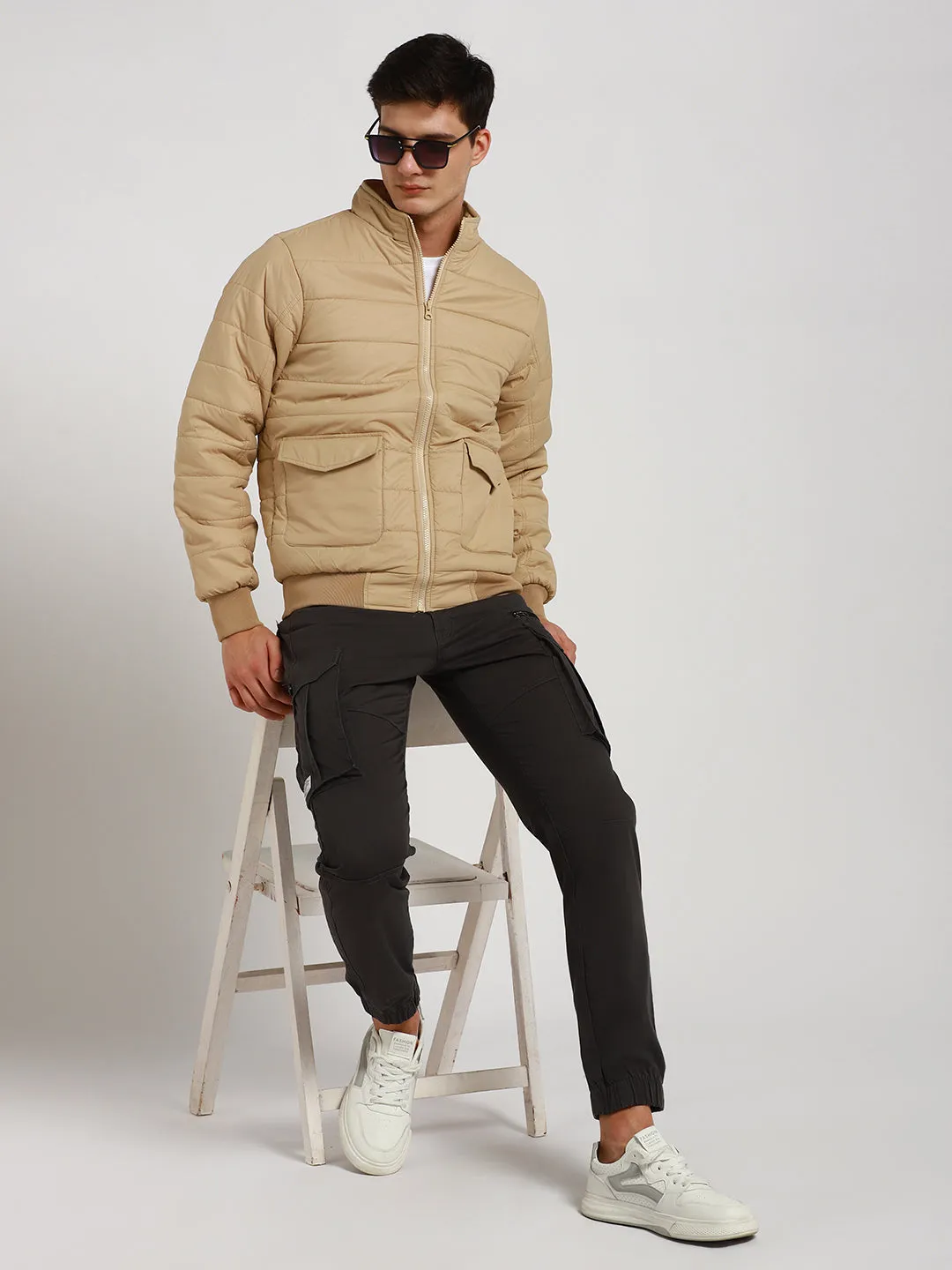 Men's High Neck Regular Fit Solid Quilted Beige Jackets