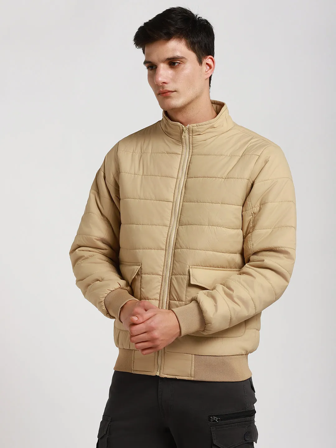 Men's High Neck Regular Fit Solid Quilted Beige Jackets