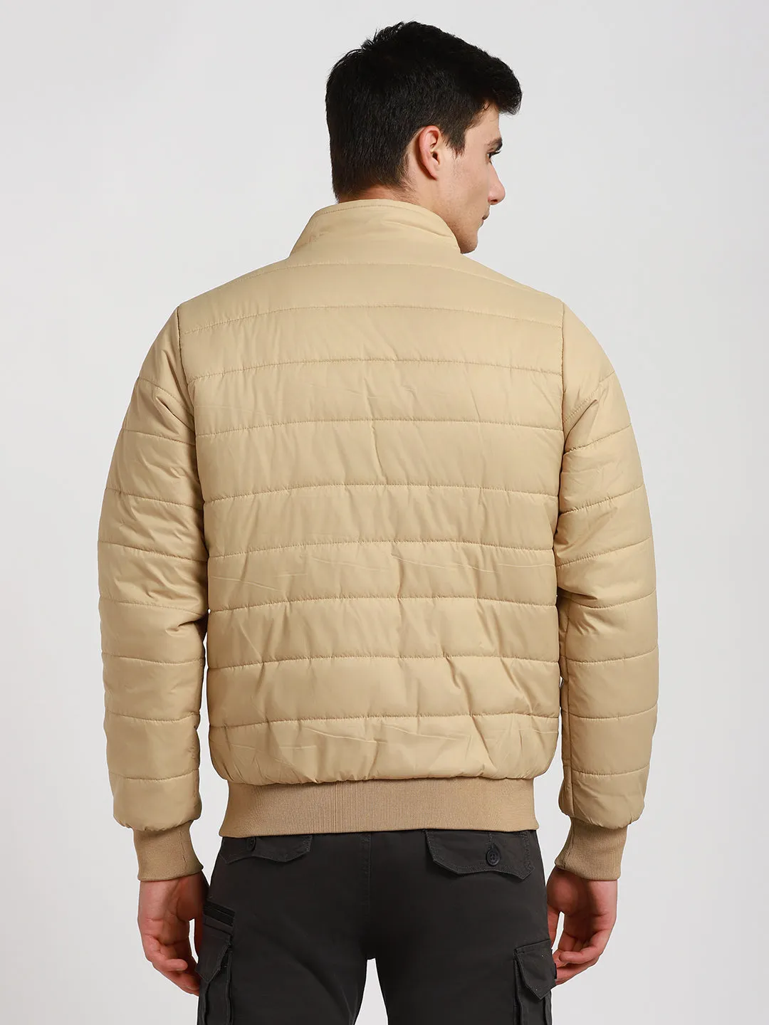 Men's High Neck Regular Fit Solid Quilted Beige Jackets