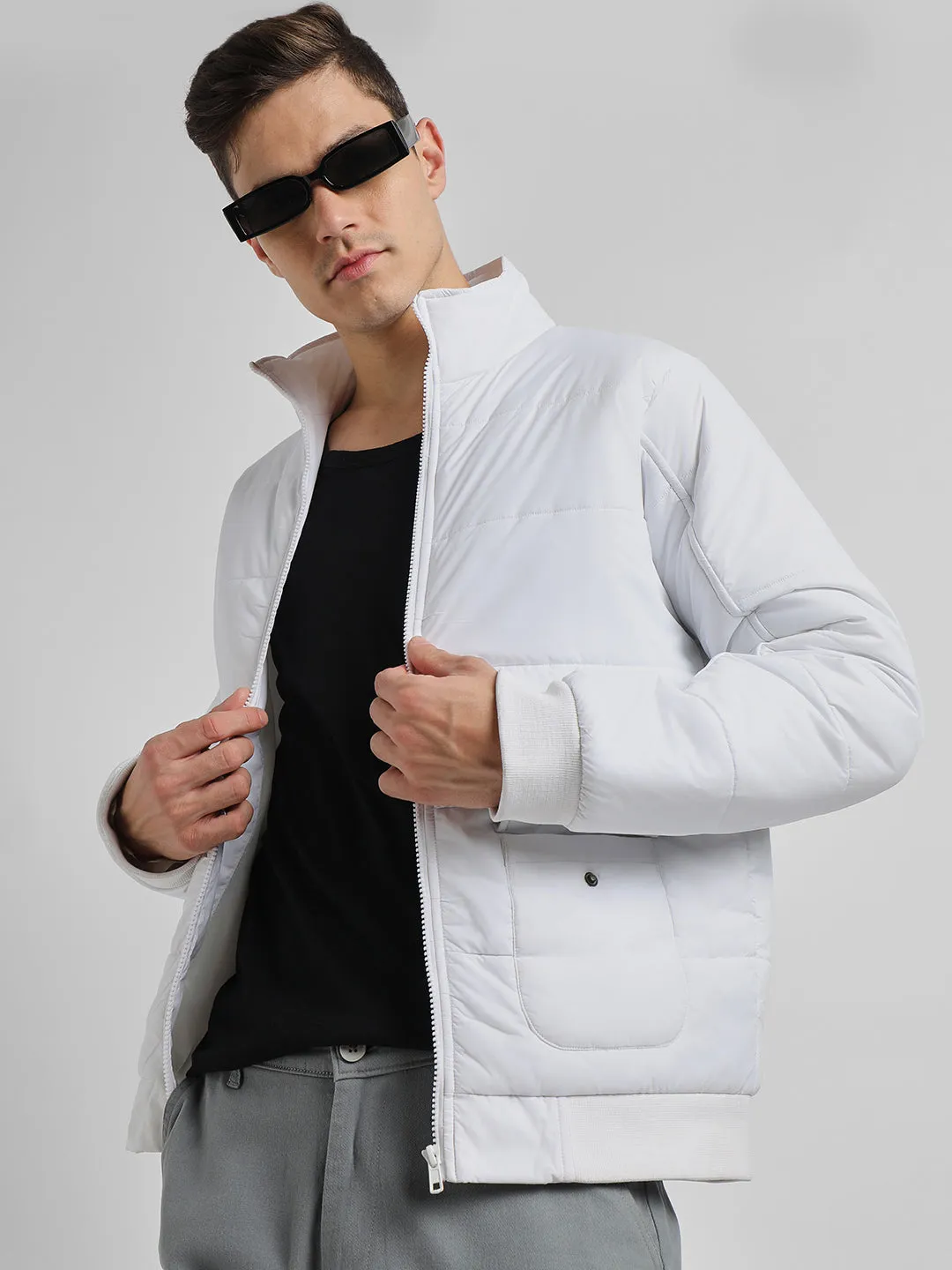 Men's High Neck Regular Fit Solid Quilted White Jackets