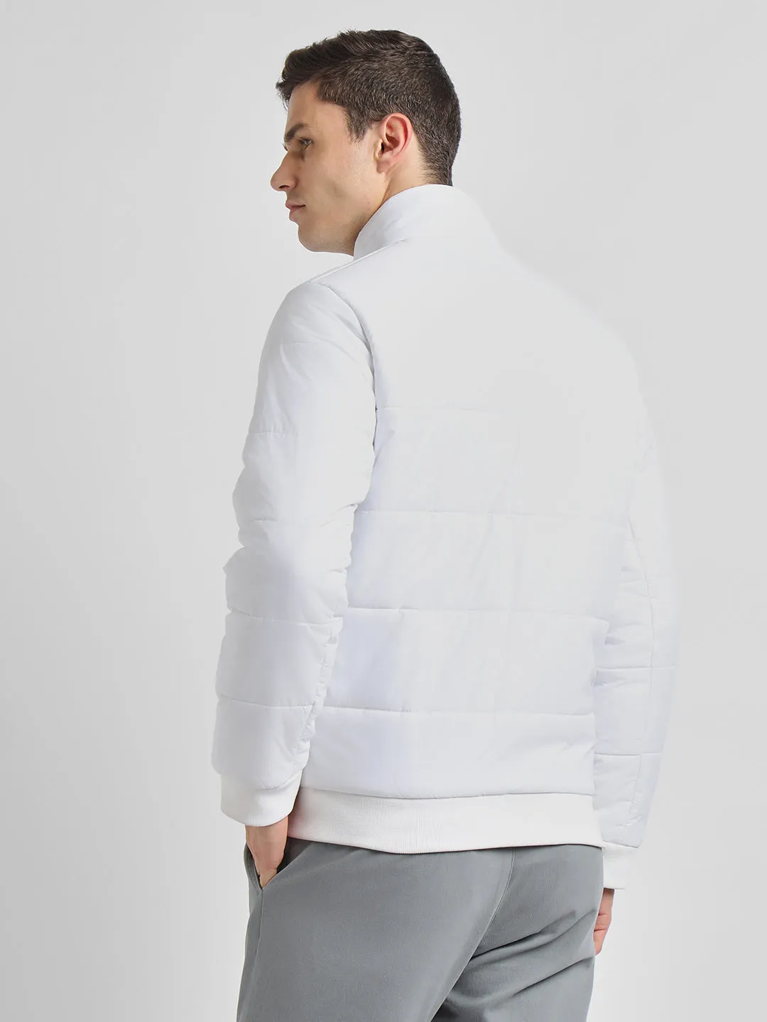 Men's High Neck Regular Fit Solid Quilted White Jackets