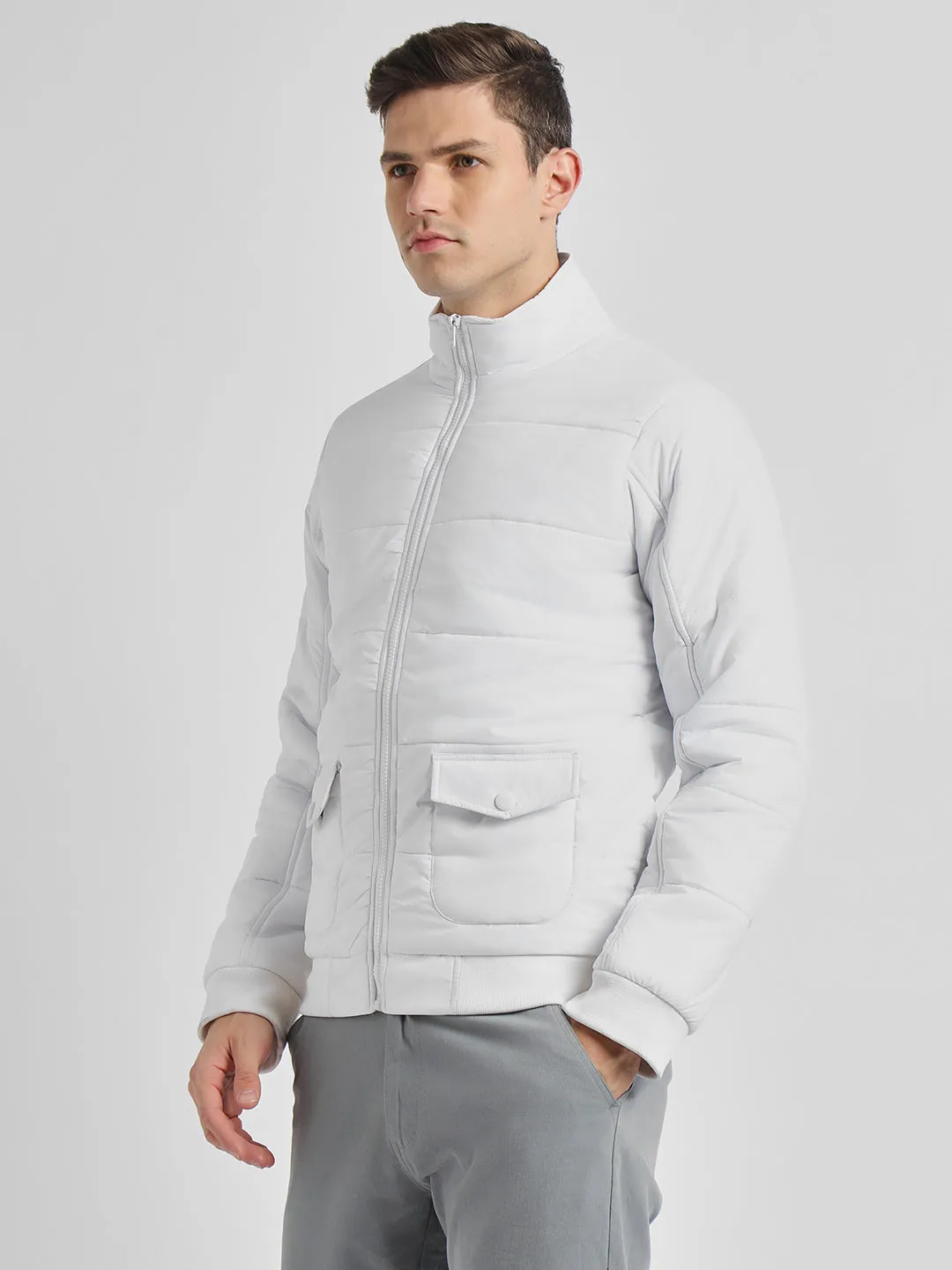 Men's High Neck Regular Fit Solid Quilted White Jackets