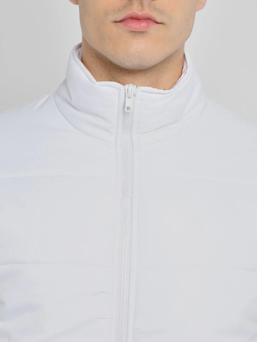 Men's High Neck Regular Fit Solid Quilted White Jackets