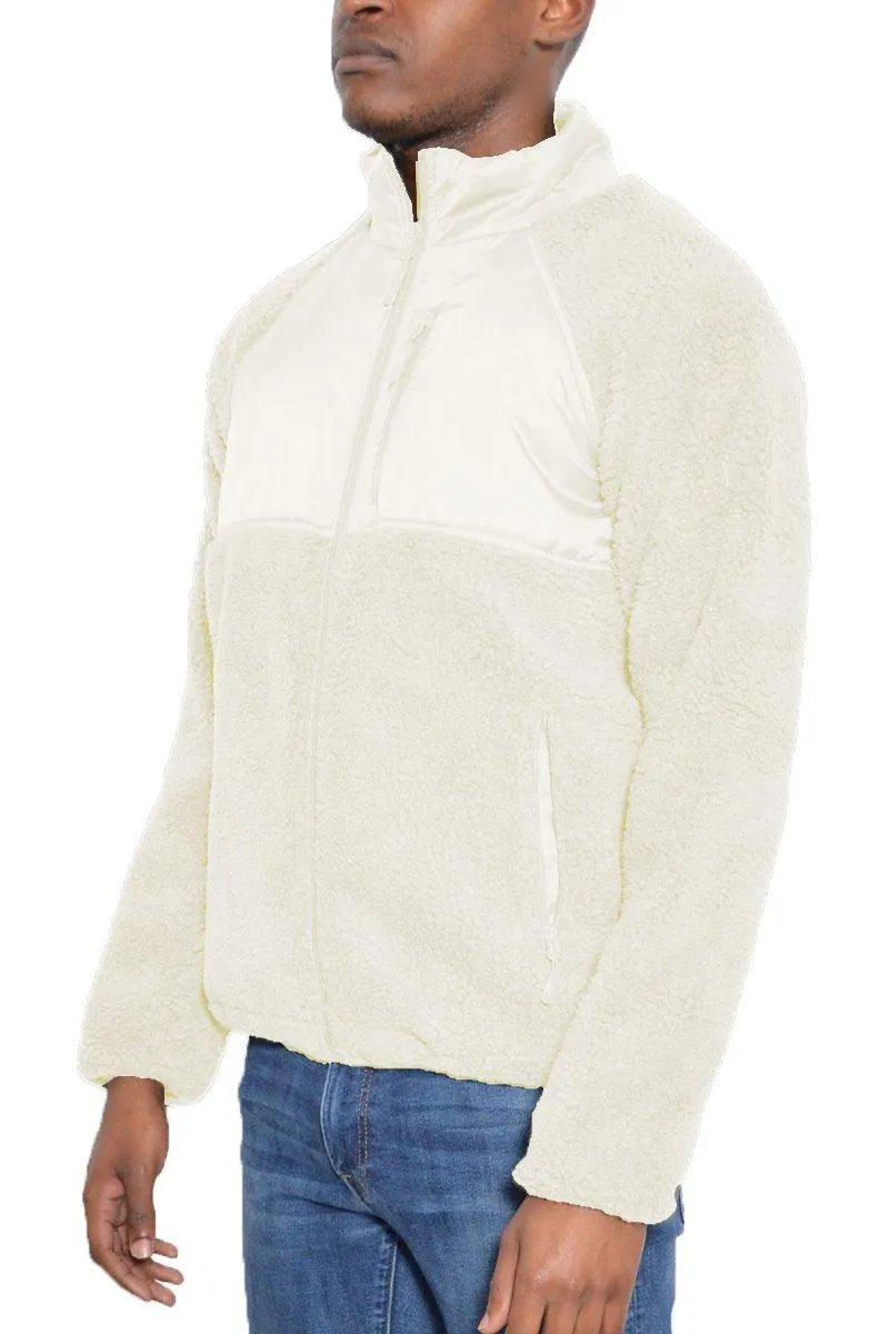 Mens Light White/Beige Sherpa Cut Out Fleece Jacket