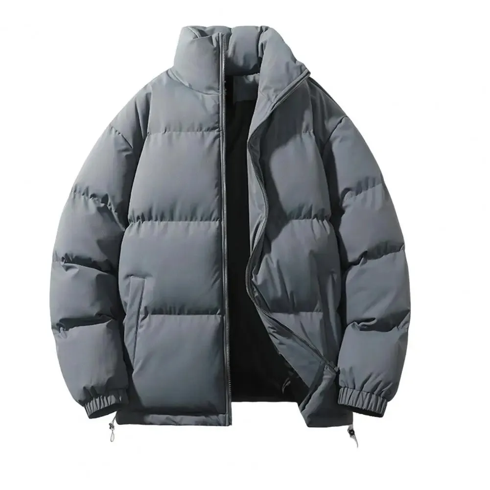 Men's puffer jacket with stand-up collar and adjustable hem