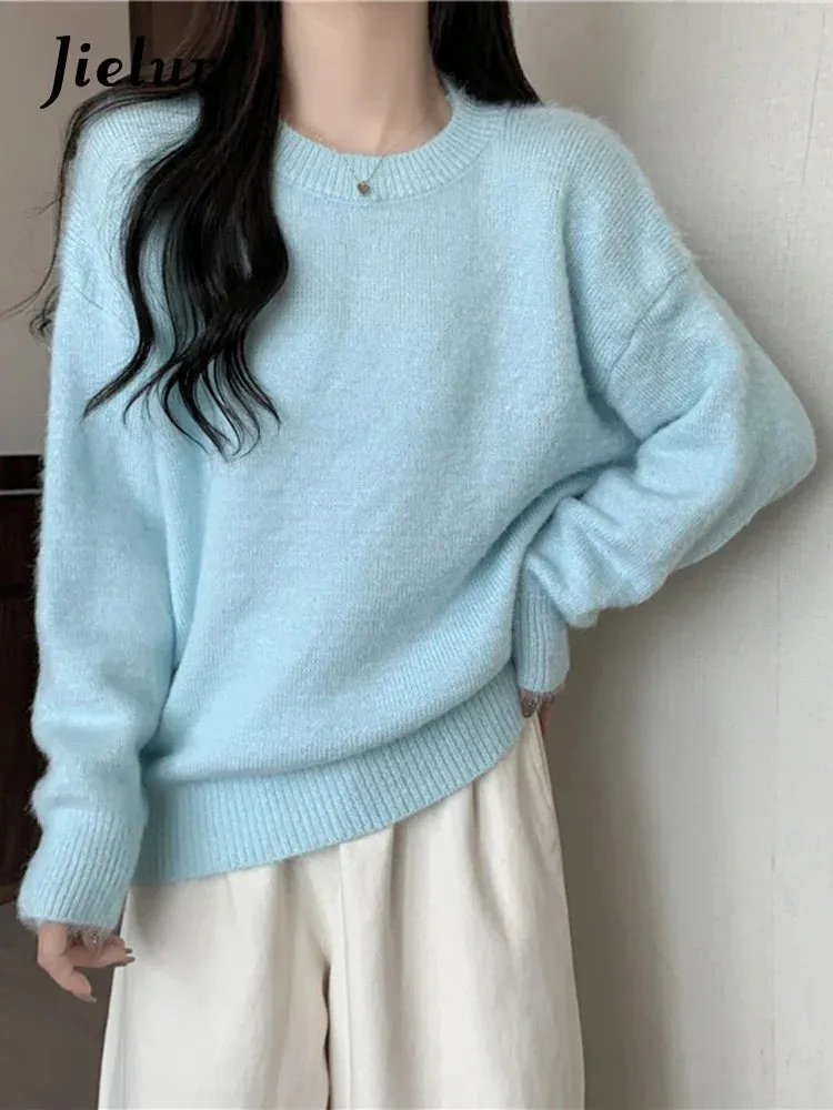 Metaversmall Women Sweater Autumn Winter Knitted Pullovers O-Neck Casual Loose Solid Color White Knitwear Jumpers Warm Sweaters Women