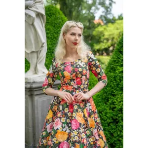 Multi Floral Print 3/4 Sleeve V Neckline 50s Swing Dress With Pockets