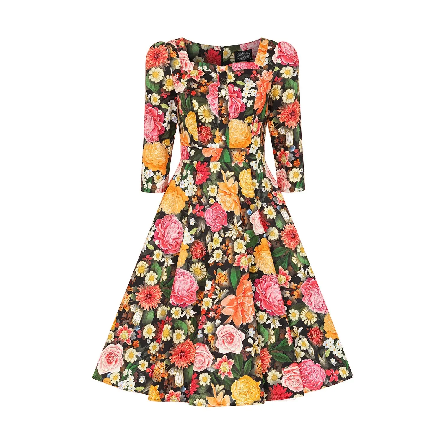 Multi Floral Print 3/4 Sleeve V Neckline 50s Swing Dress With Pockets