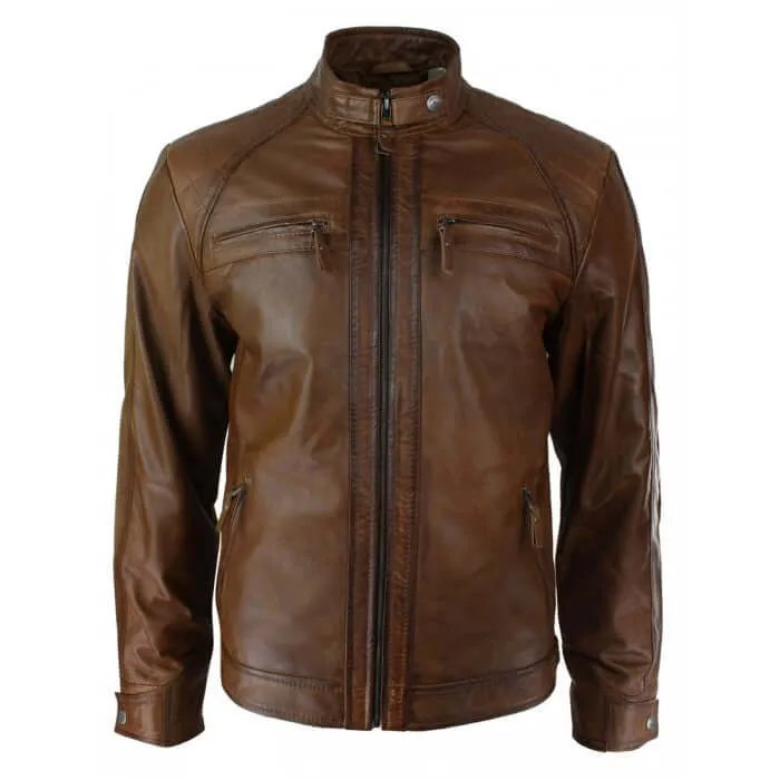 New Men’s Retro Style Zipped Biker Jacket, Real Leather Soft Brown Casual Men Jacket