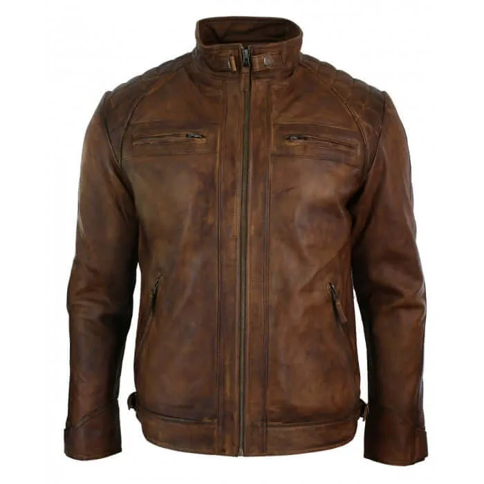 New Men’s Retro Style Zipped Biker Jacket, Real Leather Soft Brown Casual Men Jacket