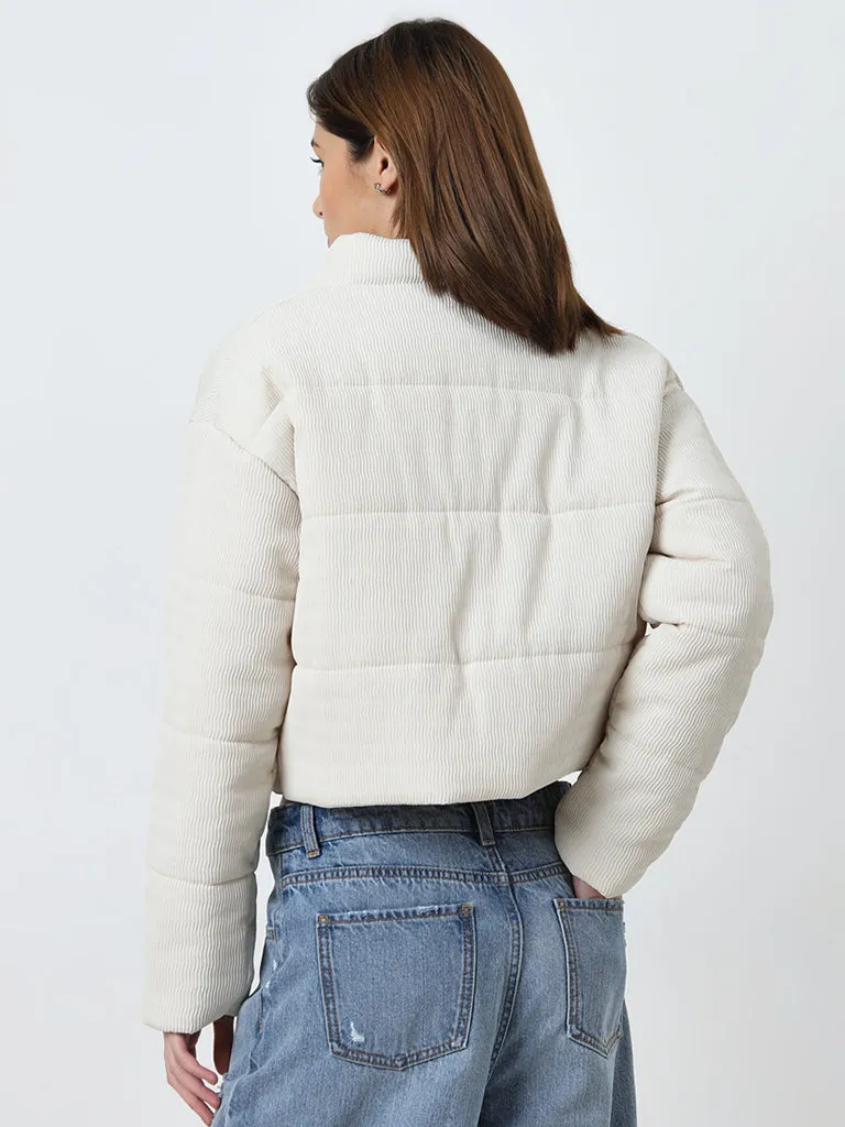 Nuon Off-White Ribbed Textured Puffer Jacket