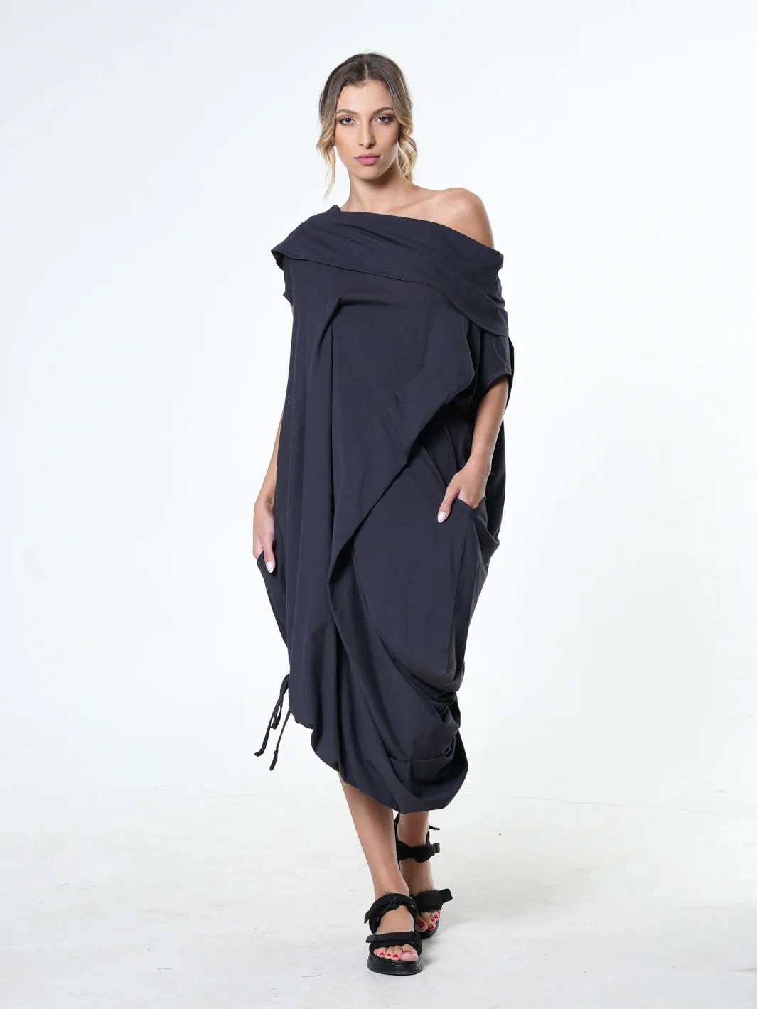 Oversize Cotton Kaftan Dress In Dark Grey