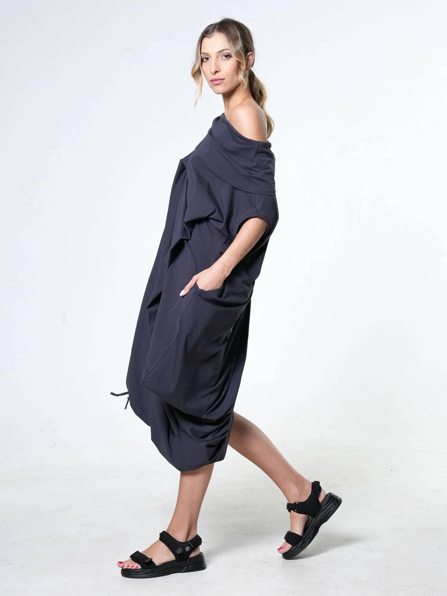 Oversize Cotton Kaftan Dress In Dark Grey