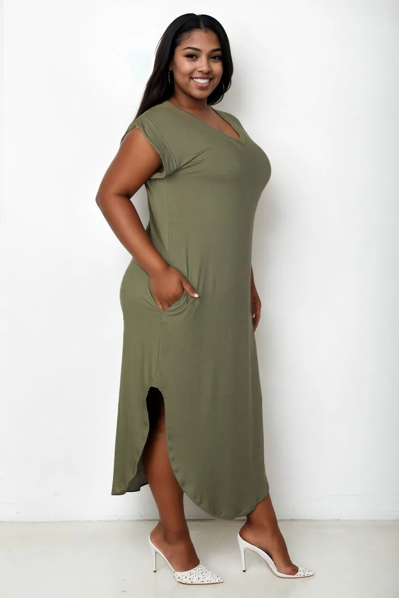 Plus Size Hidden Pocket Batwing Sleeve V Neck Long Dress (CAPELLA)