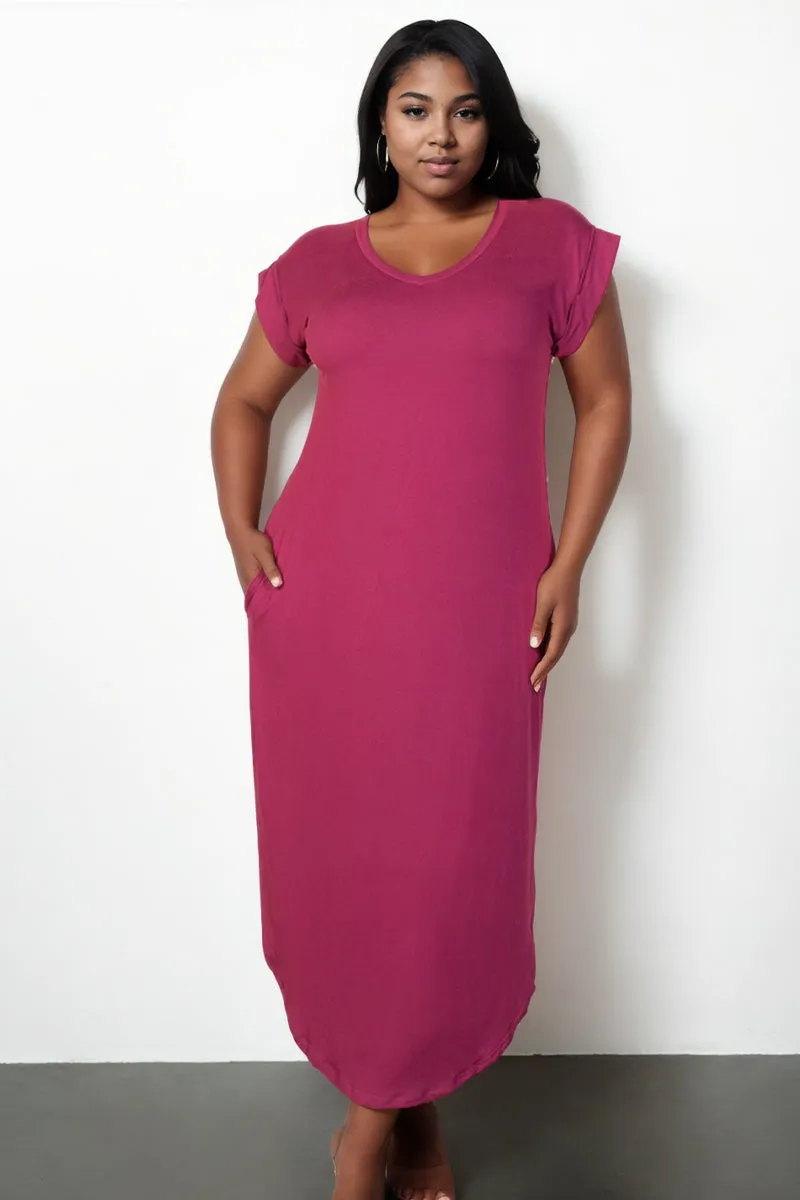 Plus Size Hidden Pocket Batwing Sleeve V Neck Long Dress (CAPELLA)