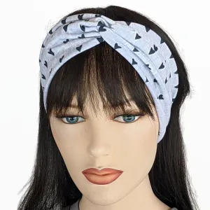 Premium, wide turban style comfy wide jersey knit  headband, black hearts on grey