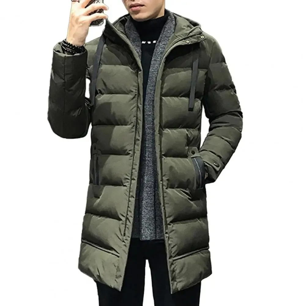 Puffer jacket men long with adjustable hood and side pockets