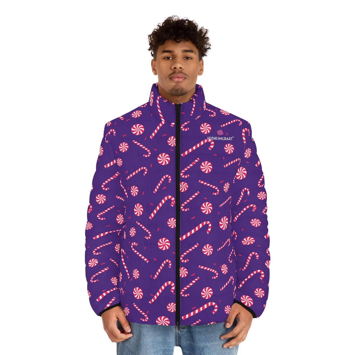 Purple Candy Cane Men's Jacket, Best Christmas Winter Regular Fit Polyester Men's Puffer Jacket With Stand Up Collar (US Size: S-2XL)