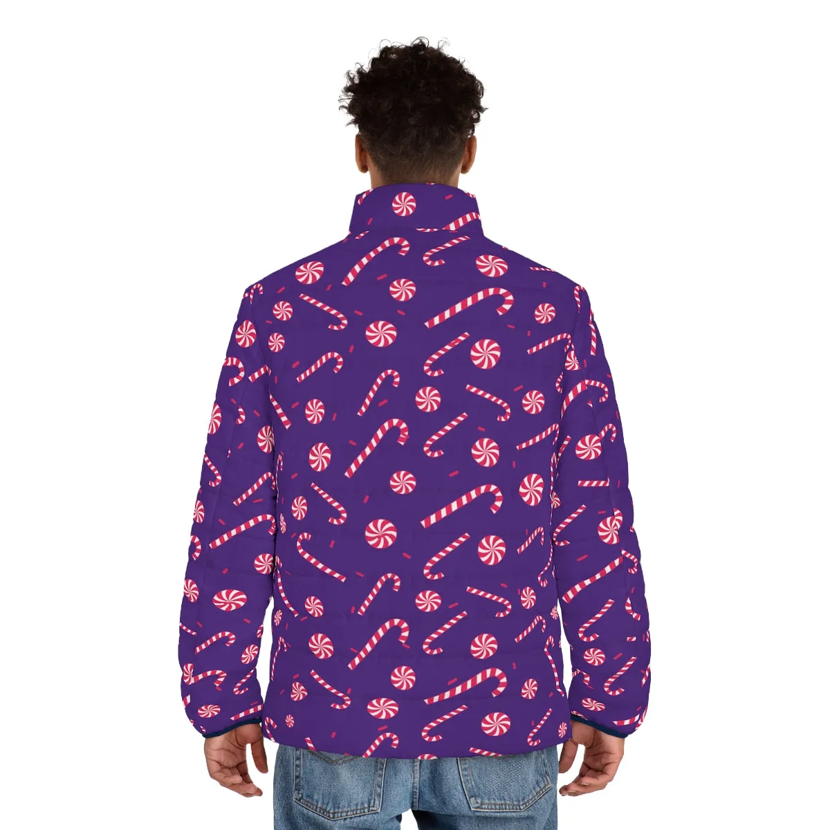 Purple Candy Cane Men's Jacket, Best Christmas Winter Regular Fit Polyester Men's Puffer Jacket With Stand Up Collar (US Size: S-2XL)