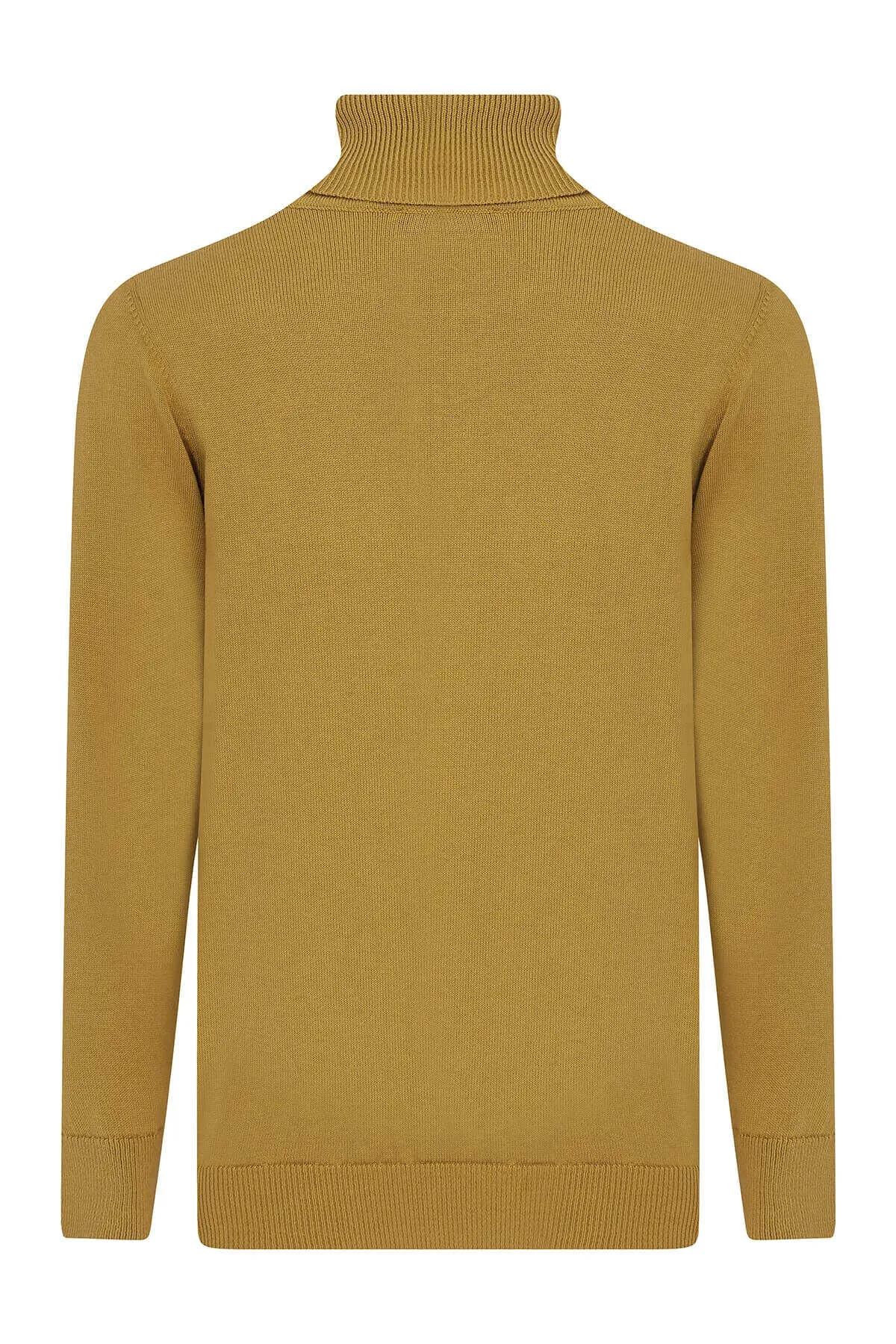 Regular Fit Patterned Cotton Blend Khaki Turtleneck Sweater, Mustard