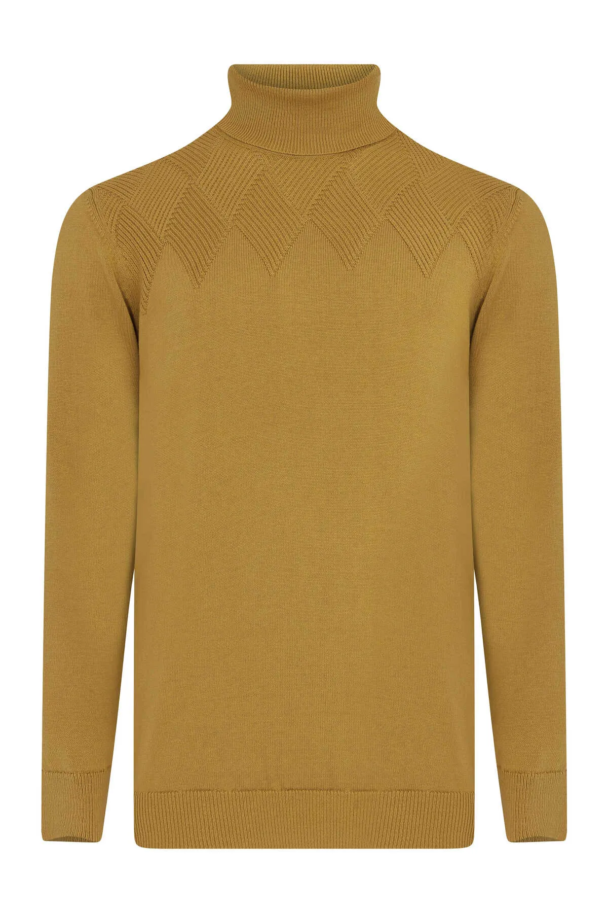 Regular Fit Patterned Cotton Blend Khaki Turtleneck Sweater, Mustard