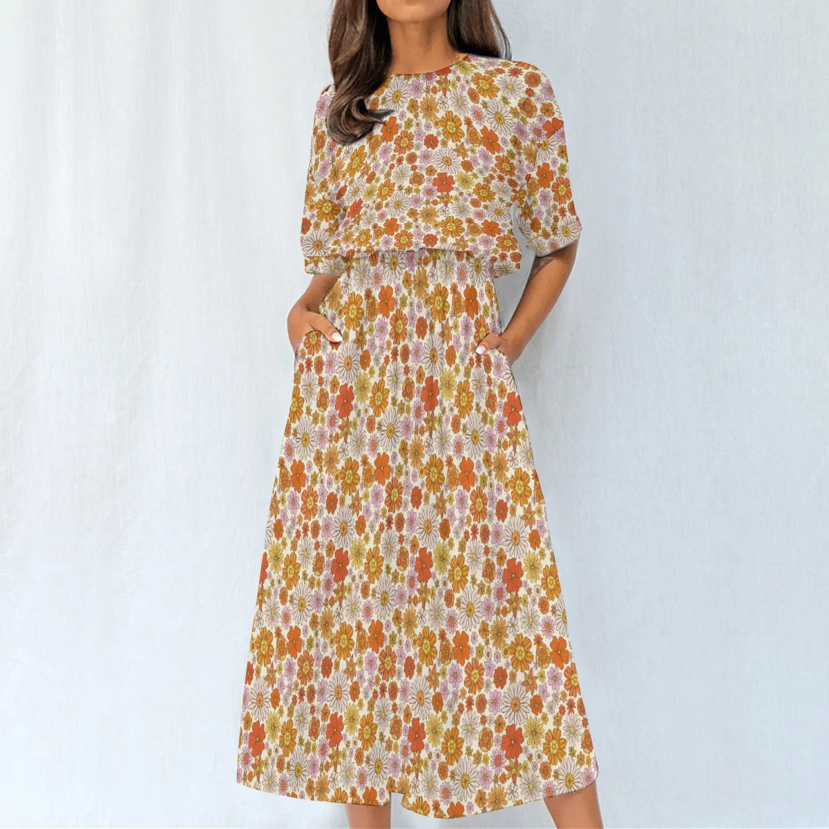 Retro Floral Women Maxi Dress, Pink Orange Groovy Flowers Elastic Waist Long Ankle Length Short Sleeve Pockets Spring Summer Cute Ladies