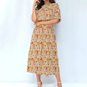 Retro Floral Women Maxi Dress, Pink Orange Groovy Flowers Elastic Waist Long Ankle Length Short Sleeve Pockets Spring Summer Cute Ladies