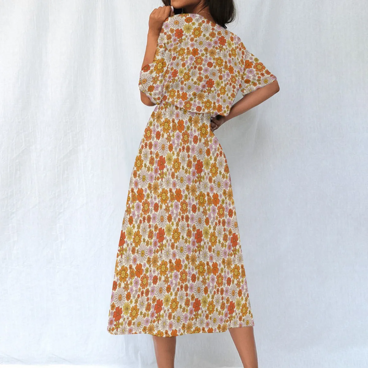 Retro Floral Women Maxi Dress, Pink Orange Groovy Flowers Elastic Waist Long Ankle Length Short Sleeve Pockets Spring Summer Cute Ladies