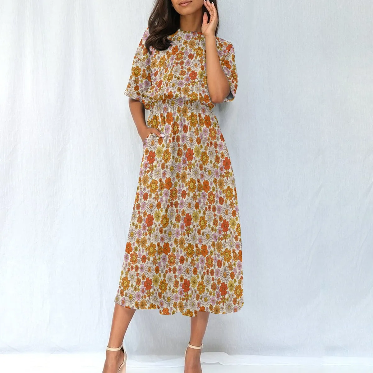 Retro Floral Women Maxi Dress, Pink Orange Groovy Flowers Elastic Waist Long Ankle Length Short Sleeve Pockets Spring Summer Cute Ladies