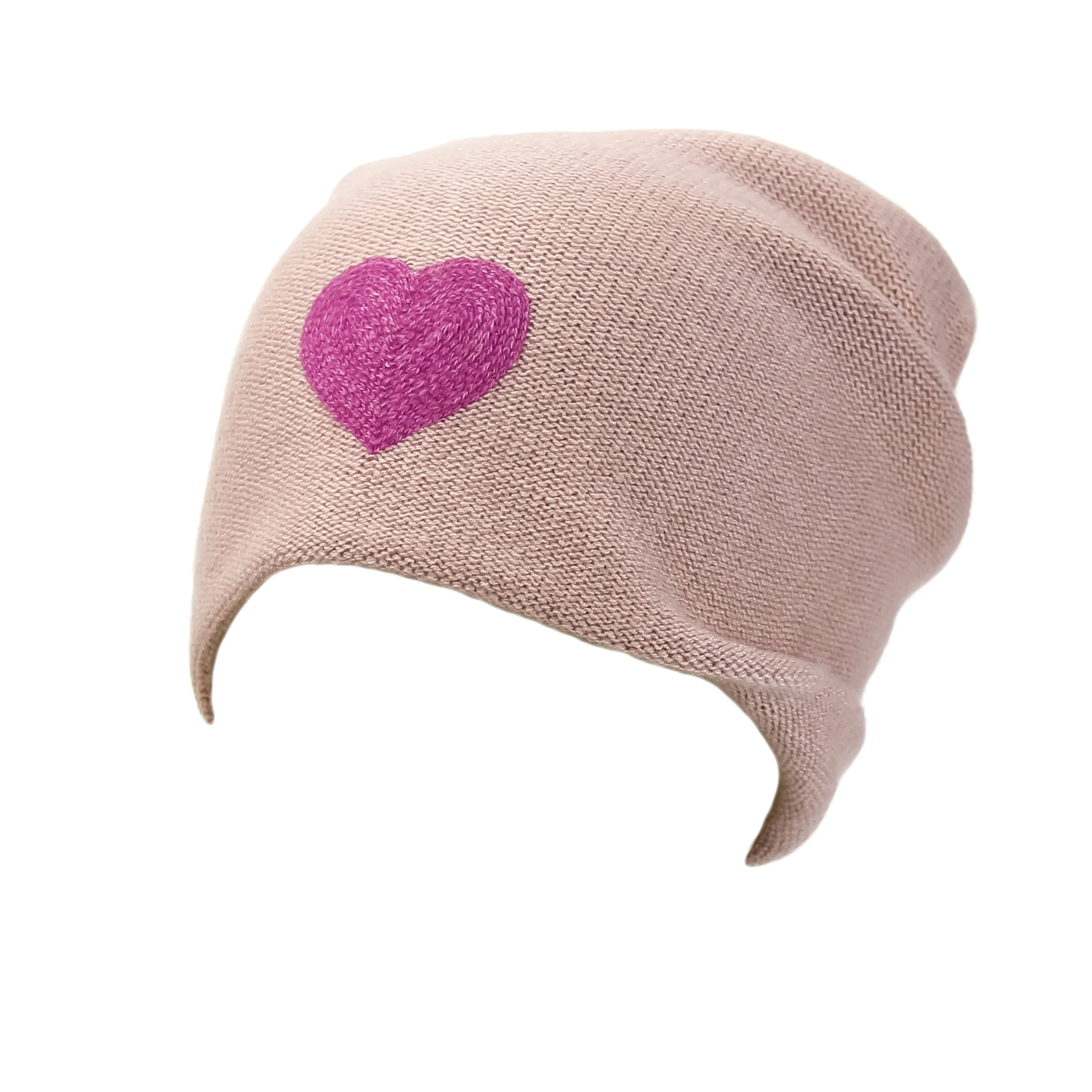 Reversible Slouchy Rose Cashmere Hat with Pink Heart and Fancy Lilac Pom-Pom